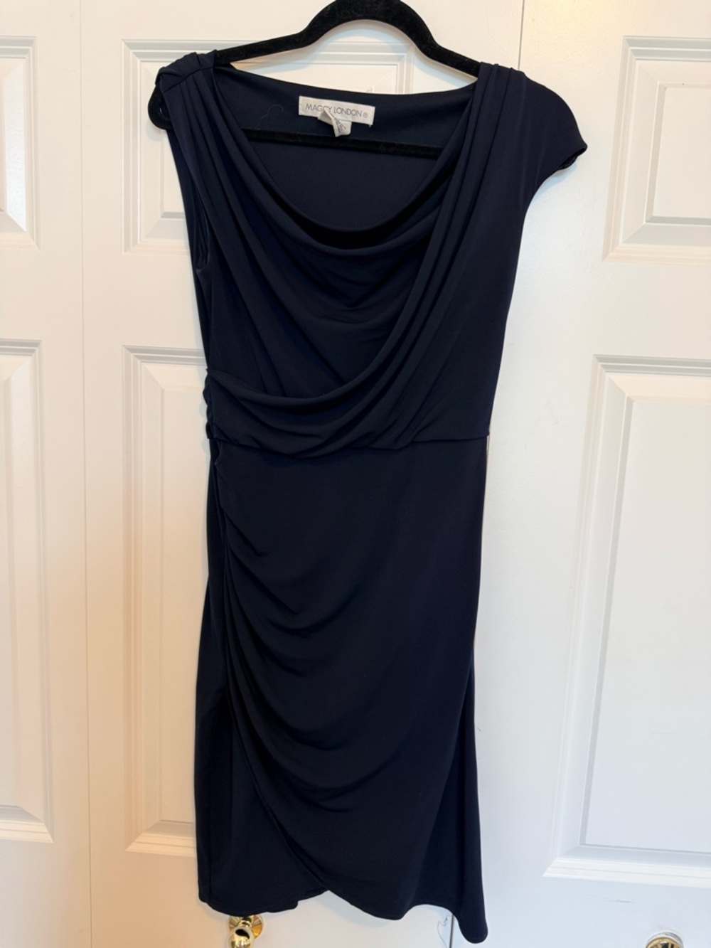 Maggy London Navy Draped Midi Sheath Dress